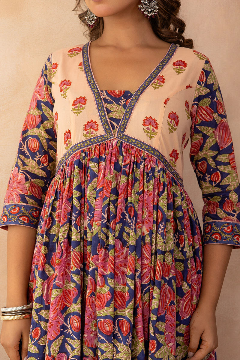 Blue Flared Hand Block Printed Anarkali Cotton Kurta