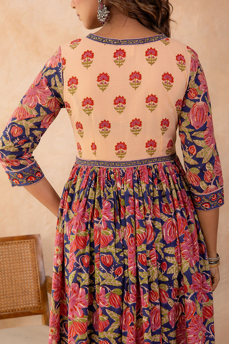 Blue Flared Hand Block Printed Anarkali Cotton Kurta