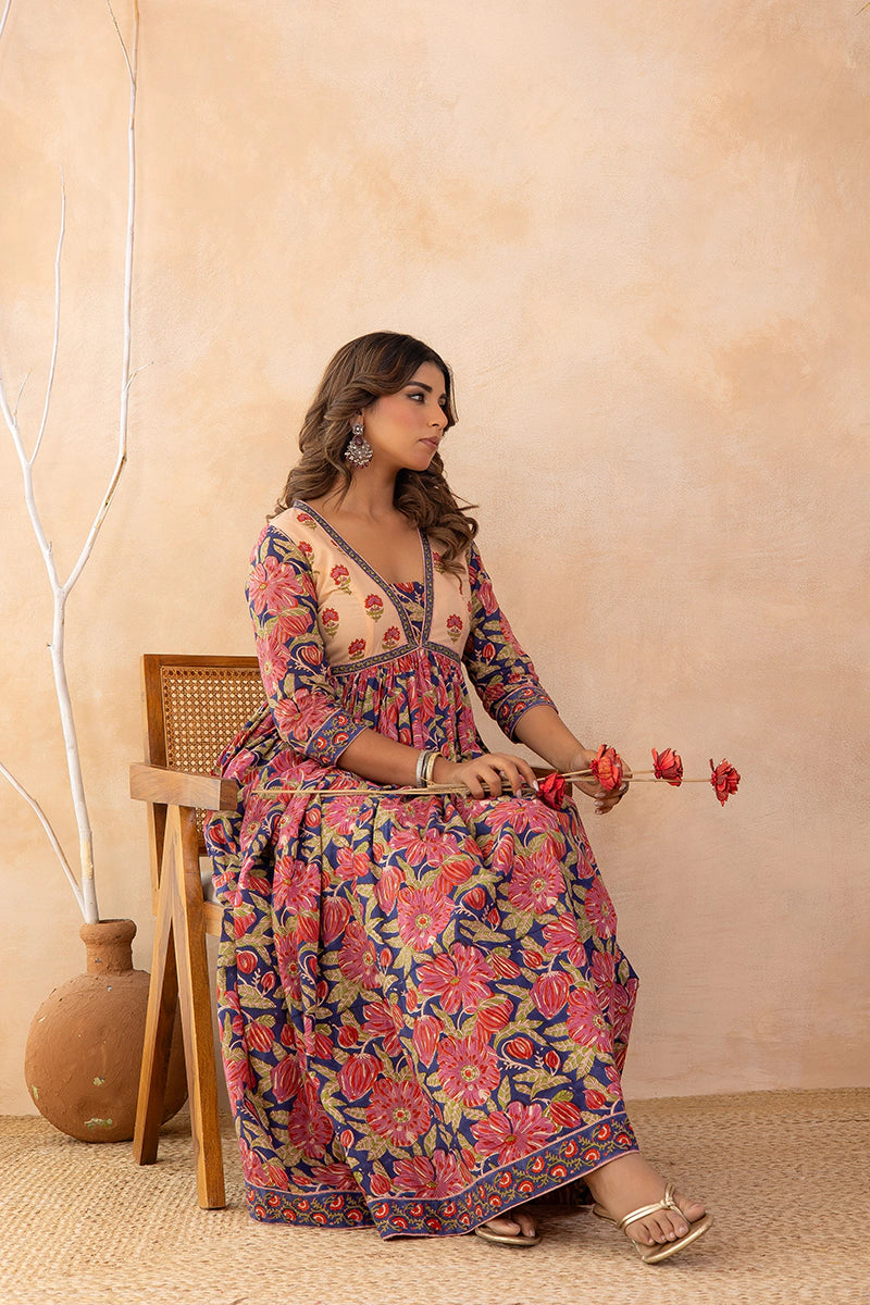 Blue Flared Hand Block Printed Anarkali Cotton Kurta