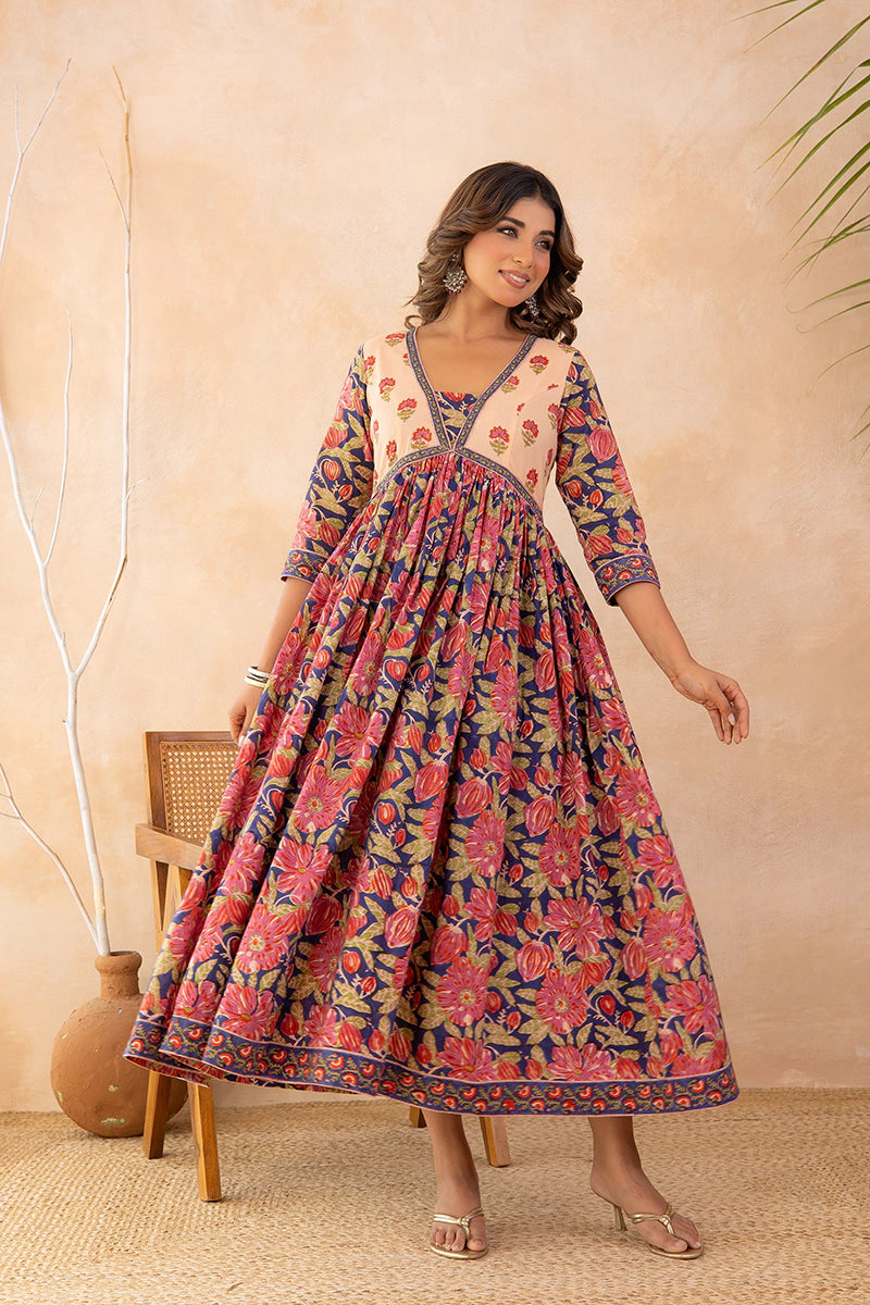 Blue Flared Hand Block Printed Anarkali Cotton Kurta