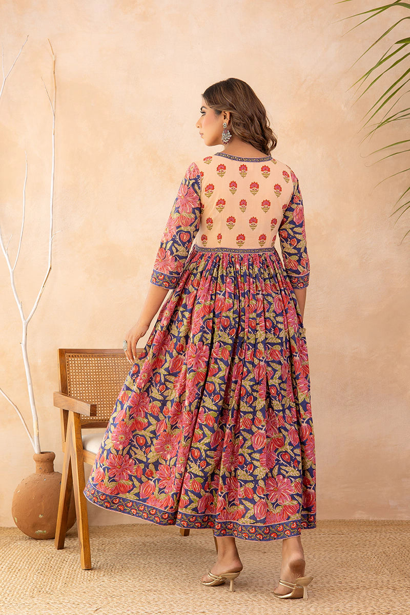 Blue Flared Hand Block Printed Anarkali Cotton Kurta