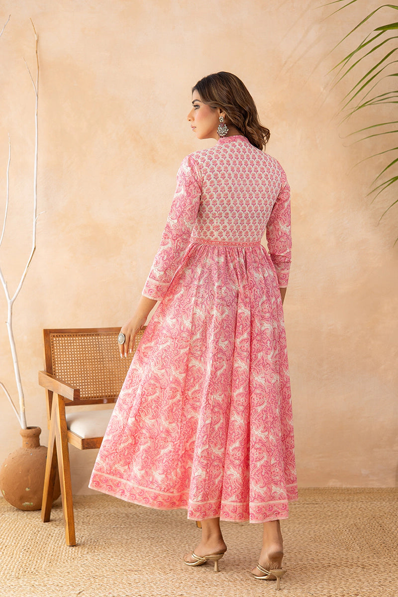 Rose Pink Anarkali Cotton Hand Block Printed Ethnic Maxi Dress