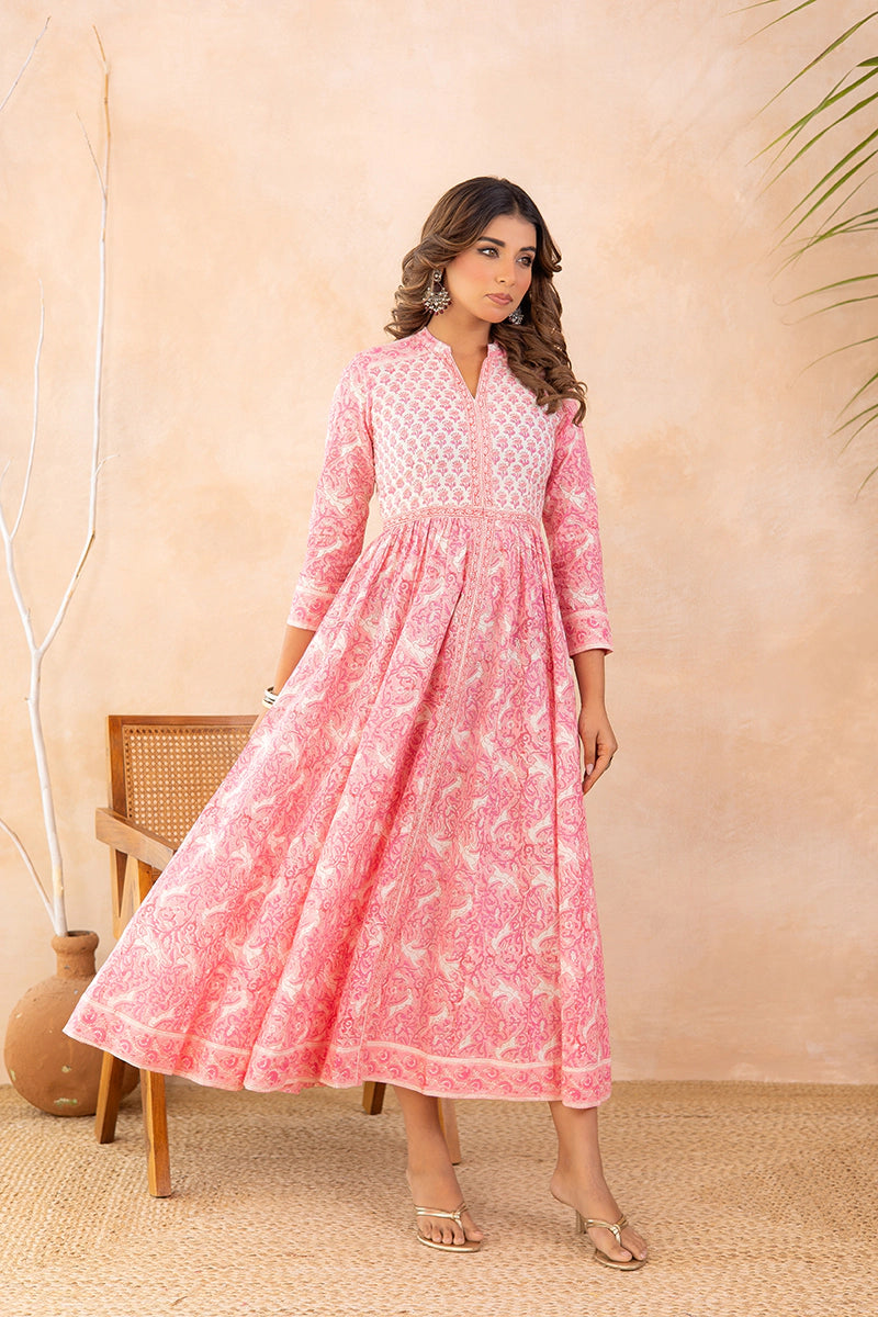 Rose Pink Anarkali Cotton Hand Block Printed Ethnic Maxi Dress