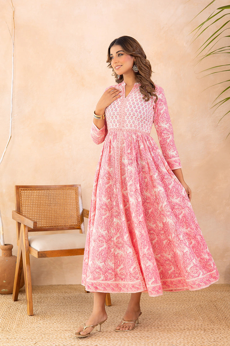 Rose Pink Anarkali Cotton Hand Block Printed Ethnic Maxi Dress
