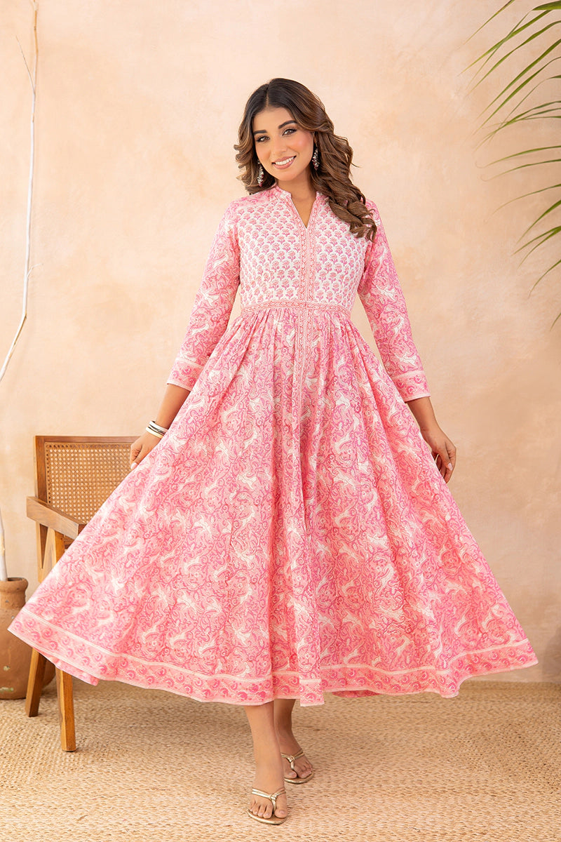 Rose Pink Anarkali Cotton Hand Block Printed Ethnic Maxi Dress