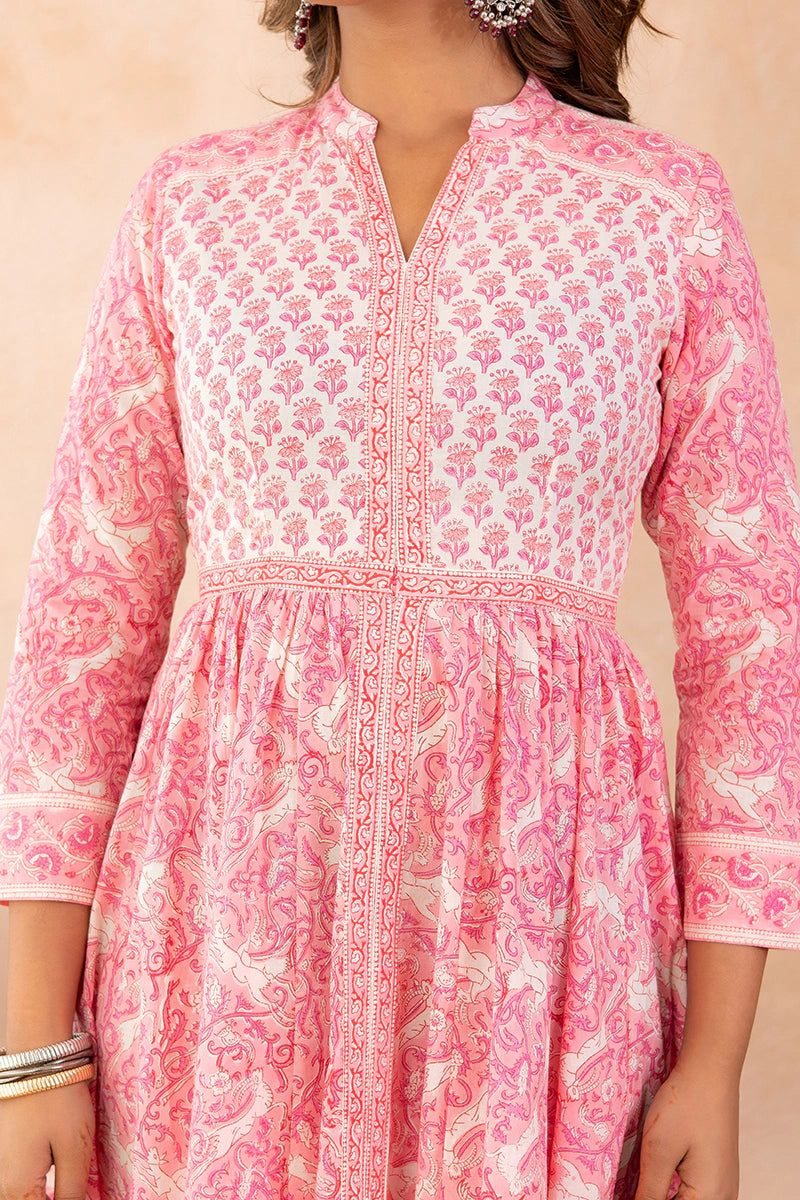 Rose Pink Anarkali Cotton Hand Block Printed Ethnic Maxi Dress