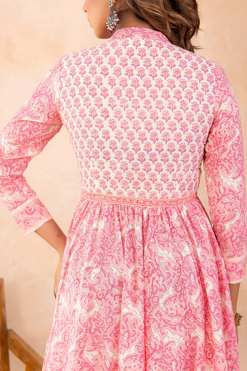 Rose Pink Anarkali Cotton Hand Block Printed Ethnic Maxi Dress