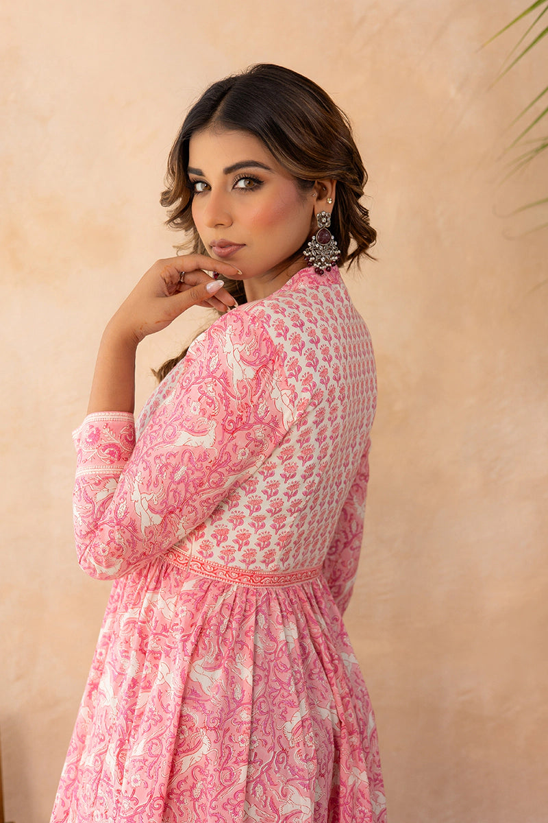 Rose Pink Anarkali Cotton Hand Block Printed Ethnic Maxi Dress