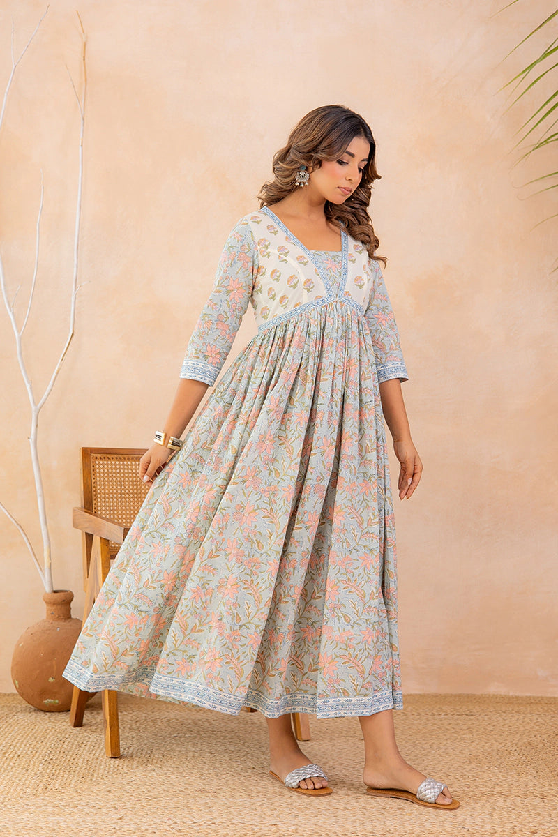 Dusty Sky Blue Hand Block Printed Flared Anarkali Cotton Kurta