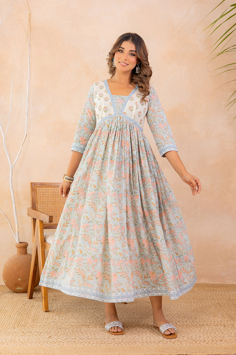 Dusty Sky Blue Hand Block Printed Flared Anarkali Cotton Kurta