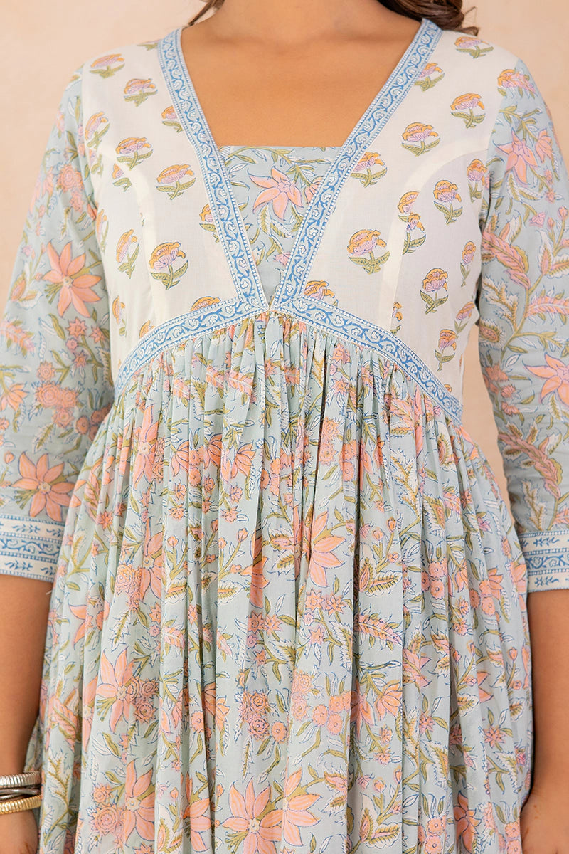 Dusty Sky Blue Hand Block Printed Flared Anarkali Cotton Kurta