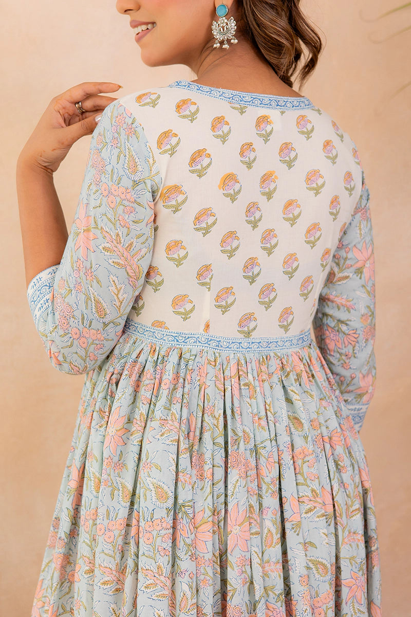 Dusty Sky Blue Hand Block Printed Flared Anarkali Cotton Kurta