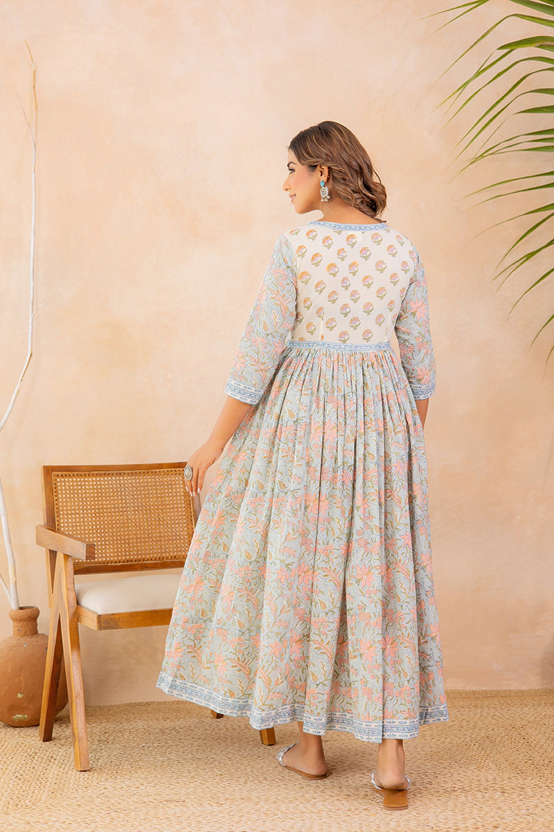 Dusty Sky Blue Hand Block Printed Flared Anarkali Cotton Kurta
