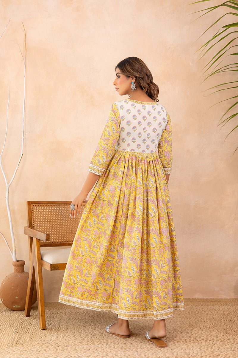 Mustard Yellow Hand Block Printed Flared Anarkali Cotton Kurta