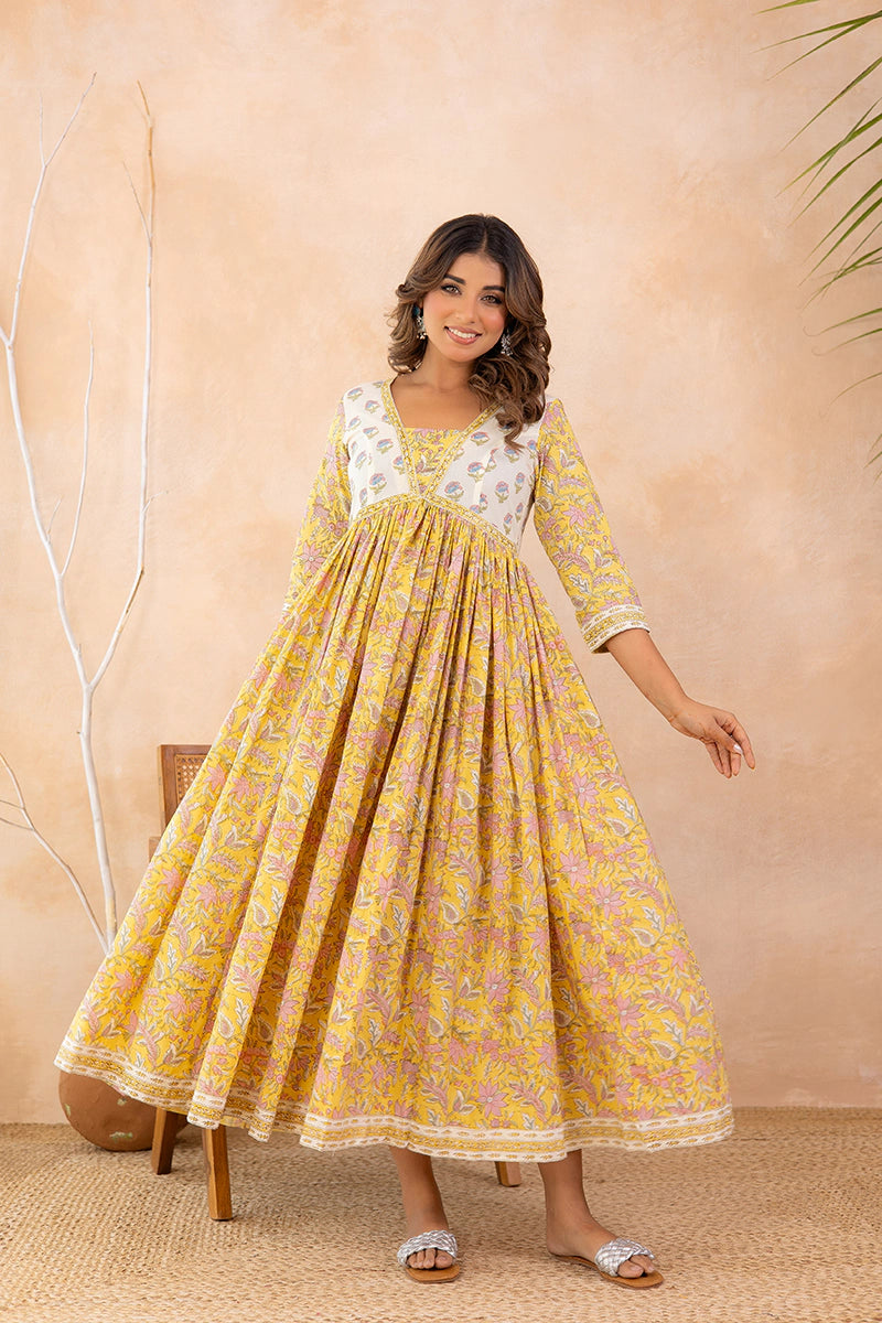Mustard Yellow Hand Block Printed Flared Anarkali Cotton Kurta