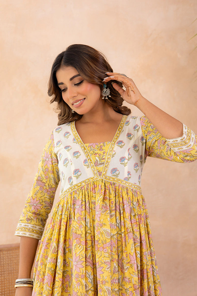 Mustard Yellow Hand Block Printed Flared Anarkali Cotton Kurta