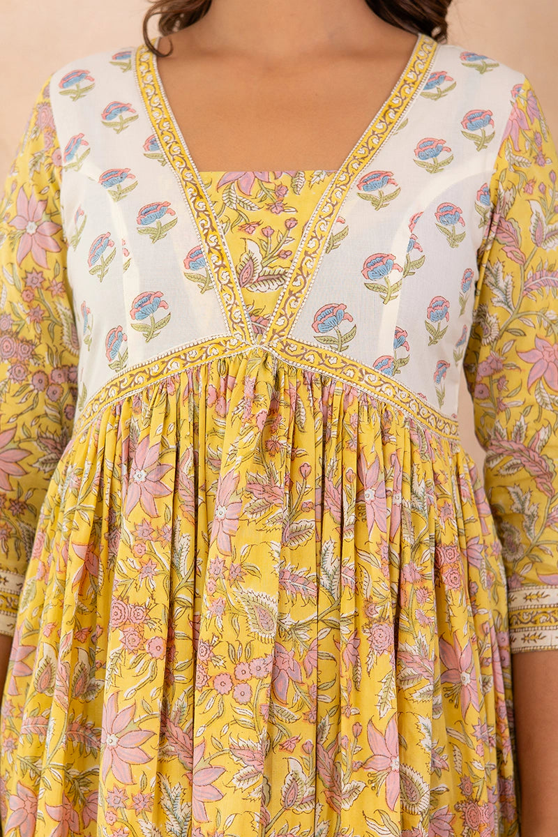 Mustard Yellow Hand Block Printed Flared Anarkali Cotton Kurta