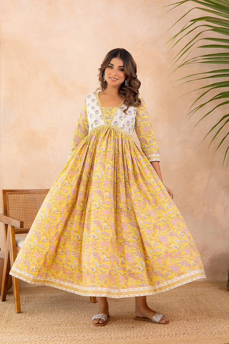 Mustard Yellow Hand Block Printed Flared Anarkali Cotton Kurta