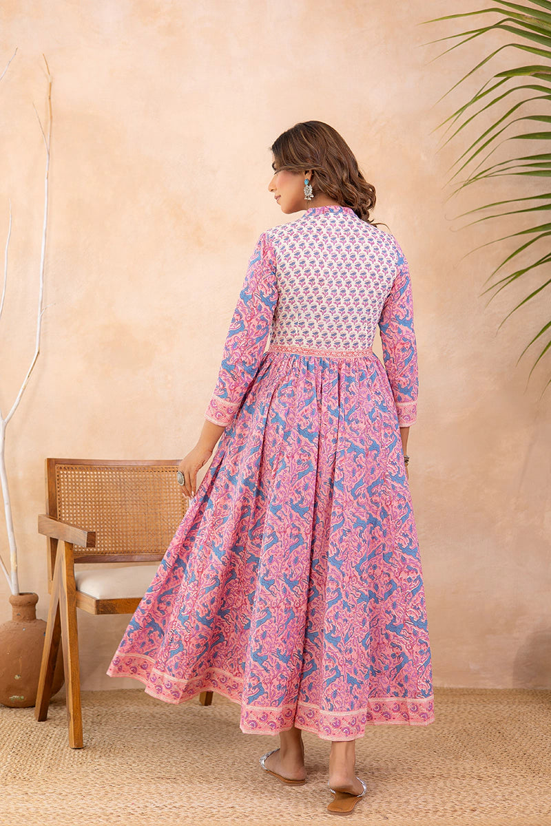 Lavender Blue Anarkali Cotton Hand Block Printed Ethnic Maxi Dress