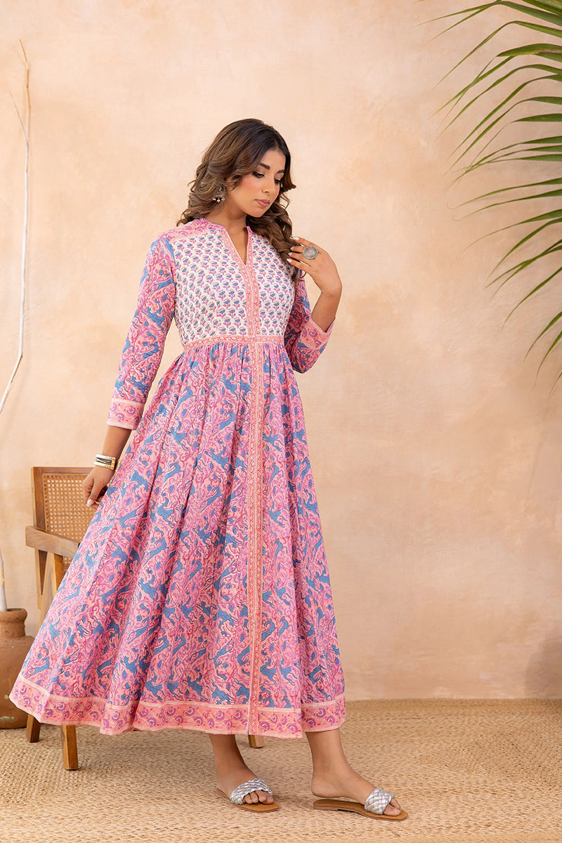 Lavender Blue Anarkali Cotton Hand Block Printed Ethnic Maxi Dress