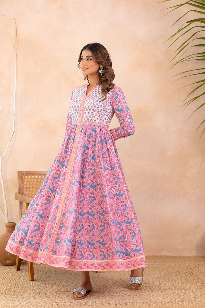 Lavender Blue Anarkali Cotton Hand Block Printed Ethnic Maxi Dress