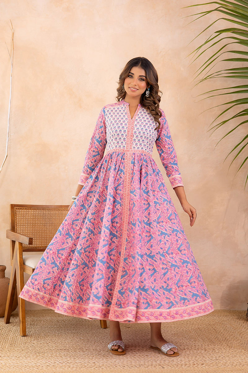 Lavender Blue Anarkali Cotton Hand Block Printed Ethnic Maxi Dress