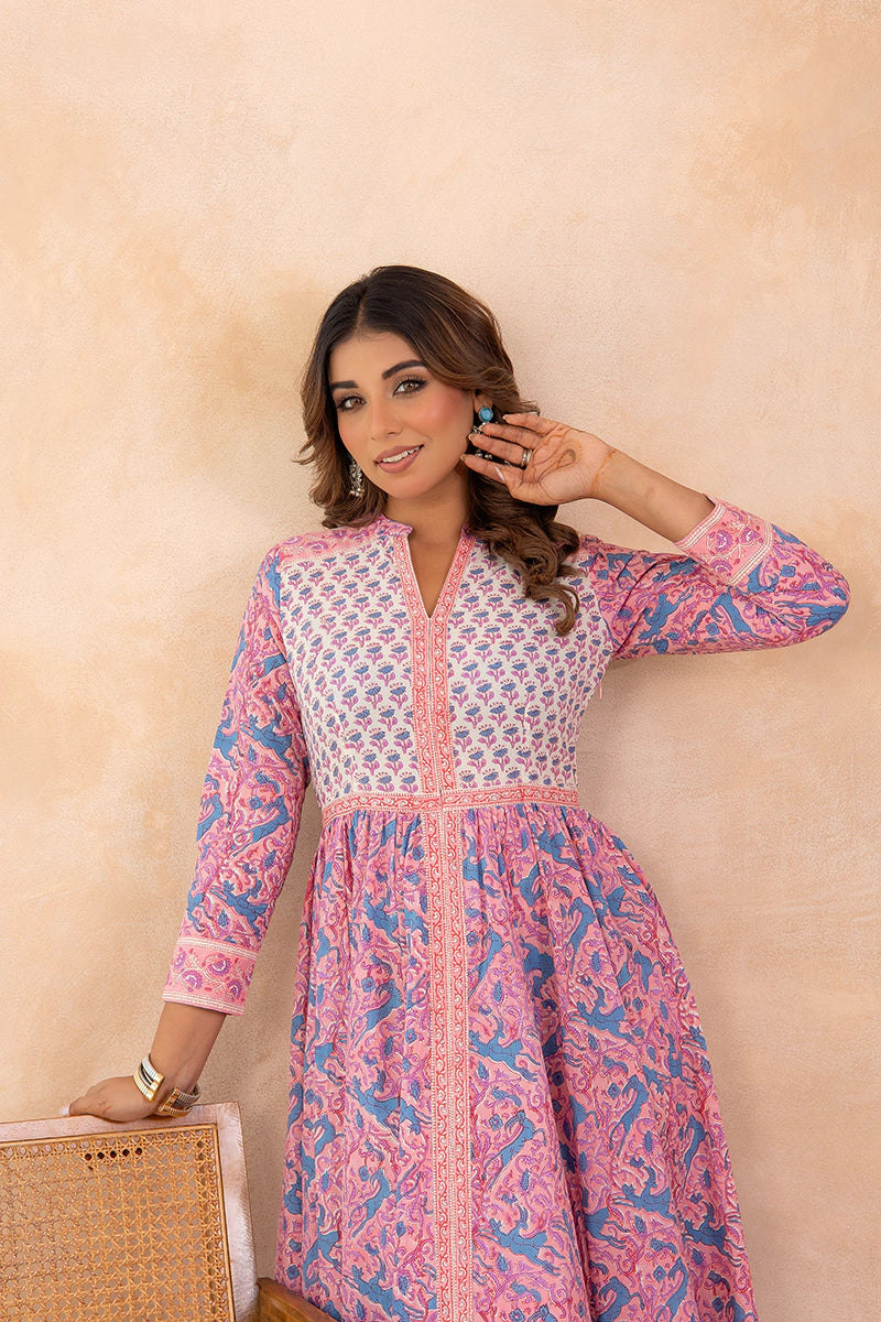 Lavender Blue Anarkali Cotton Hand Block Printed Ethnic Maxi Dress