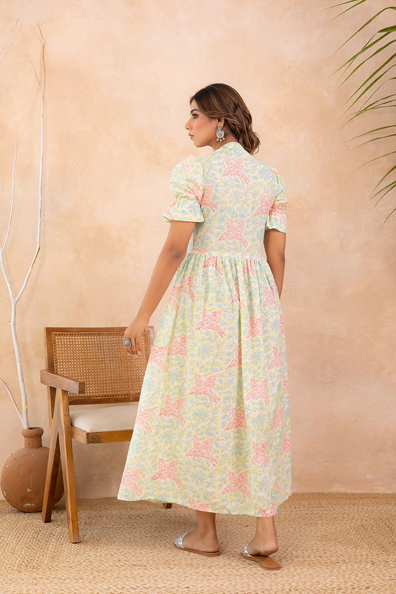 Pastel Green Hand Block Printed V-Neck Front-Open Long Dress