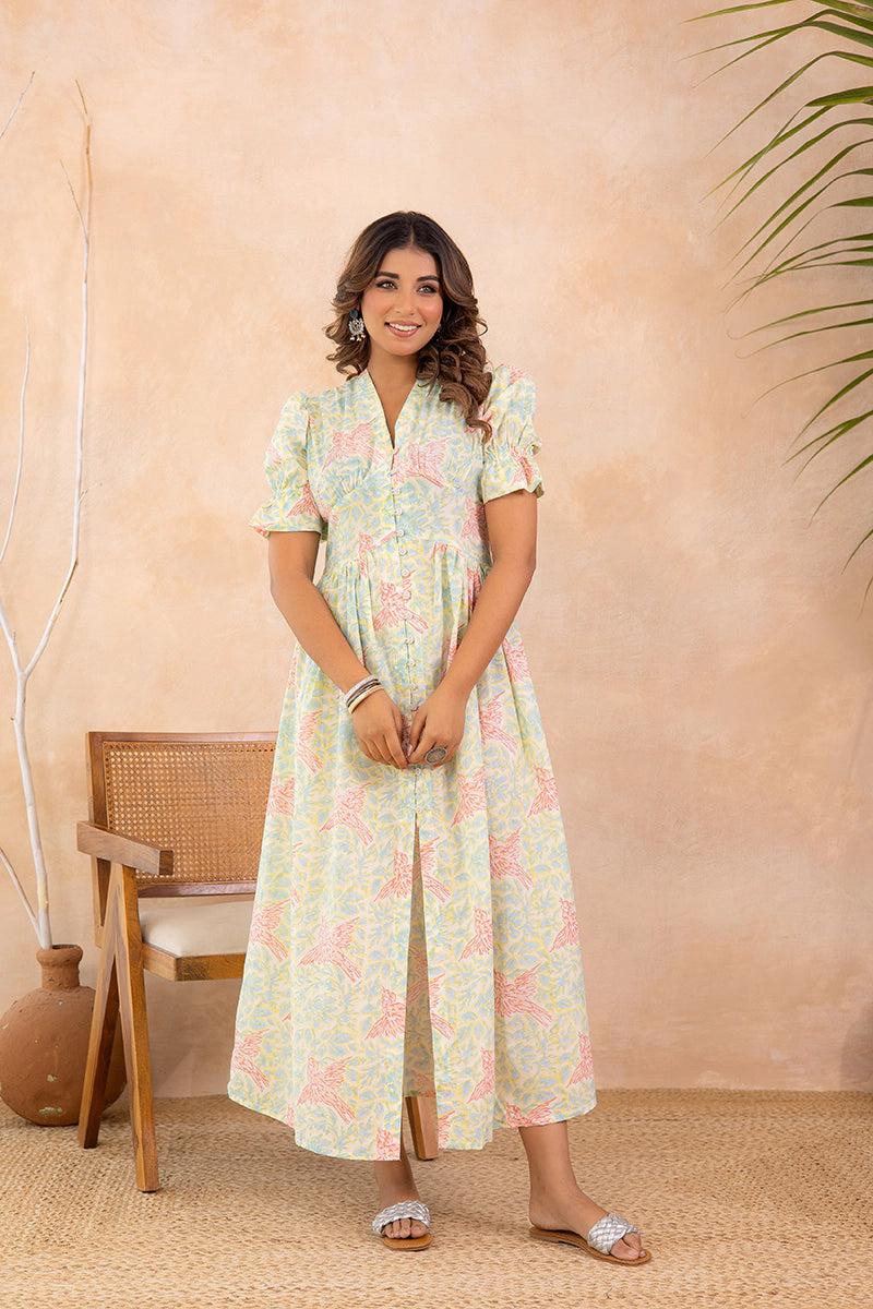 Pastel Green Hand Block Printed V-Neck Front-Open Long Dress