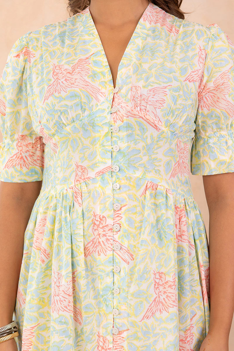 Pastel Green Hand Block Printed V-Neck Front-Open Long Dress