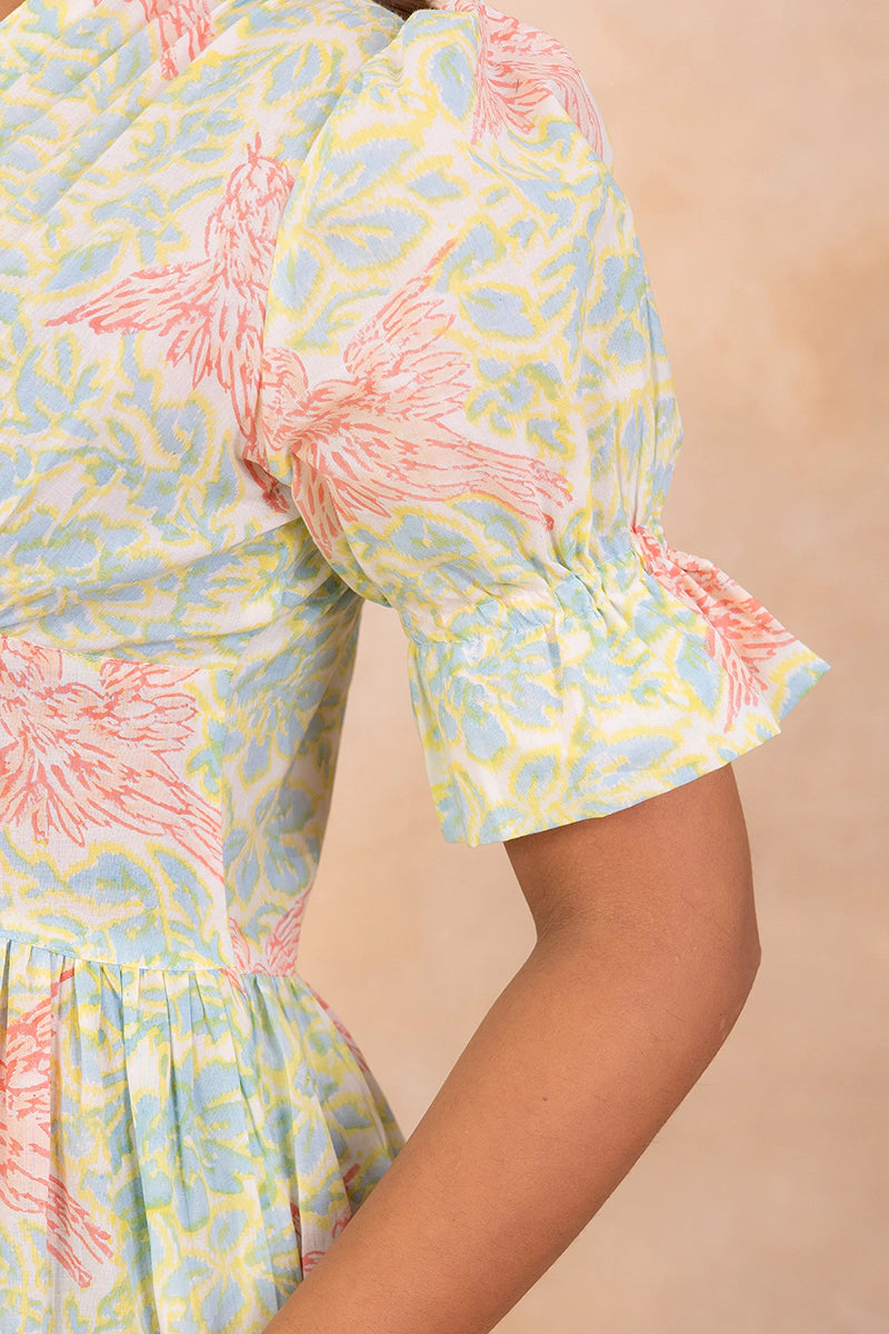 Pastel Green Hand Block Printed V-Neck Front-Open Long Dress