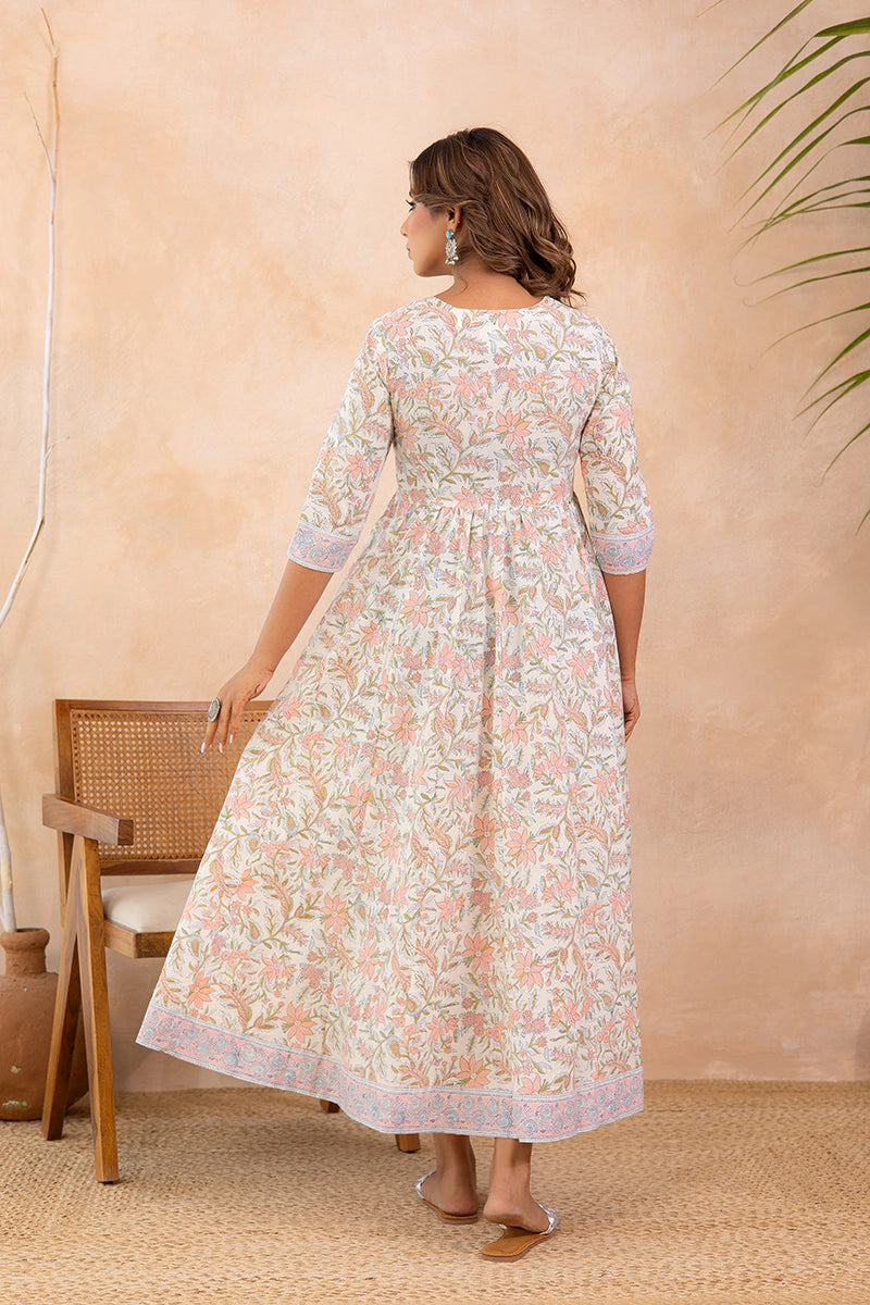 Dusty Sky Blue Hand Block Anarkali Kurta
