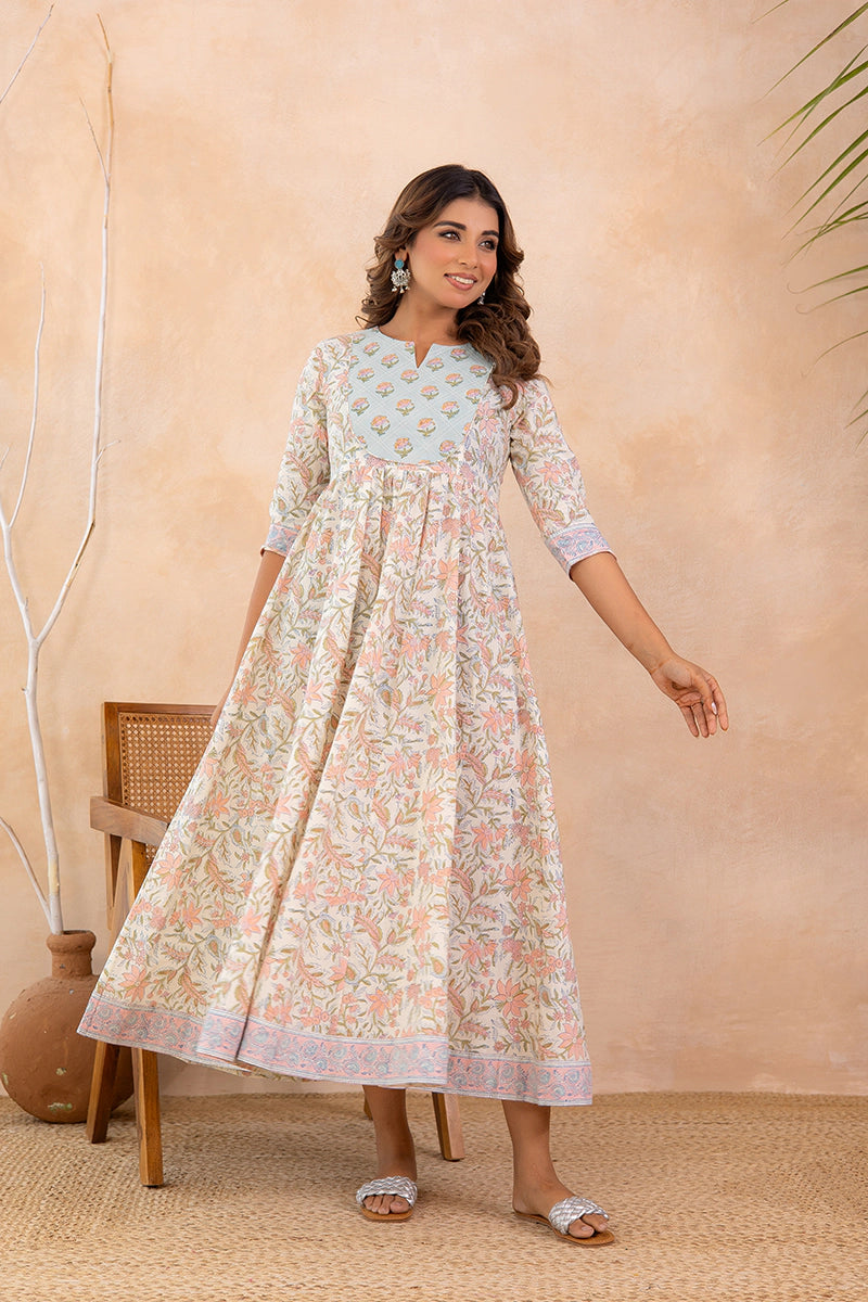 Dusty Sky Blue Hand Block Anarkali Kurta