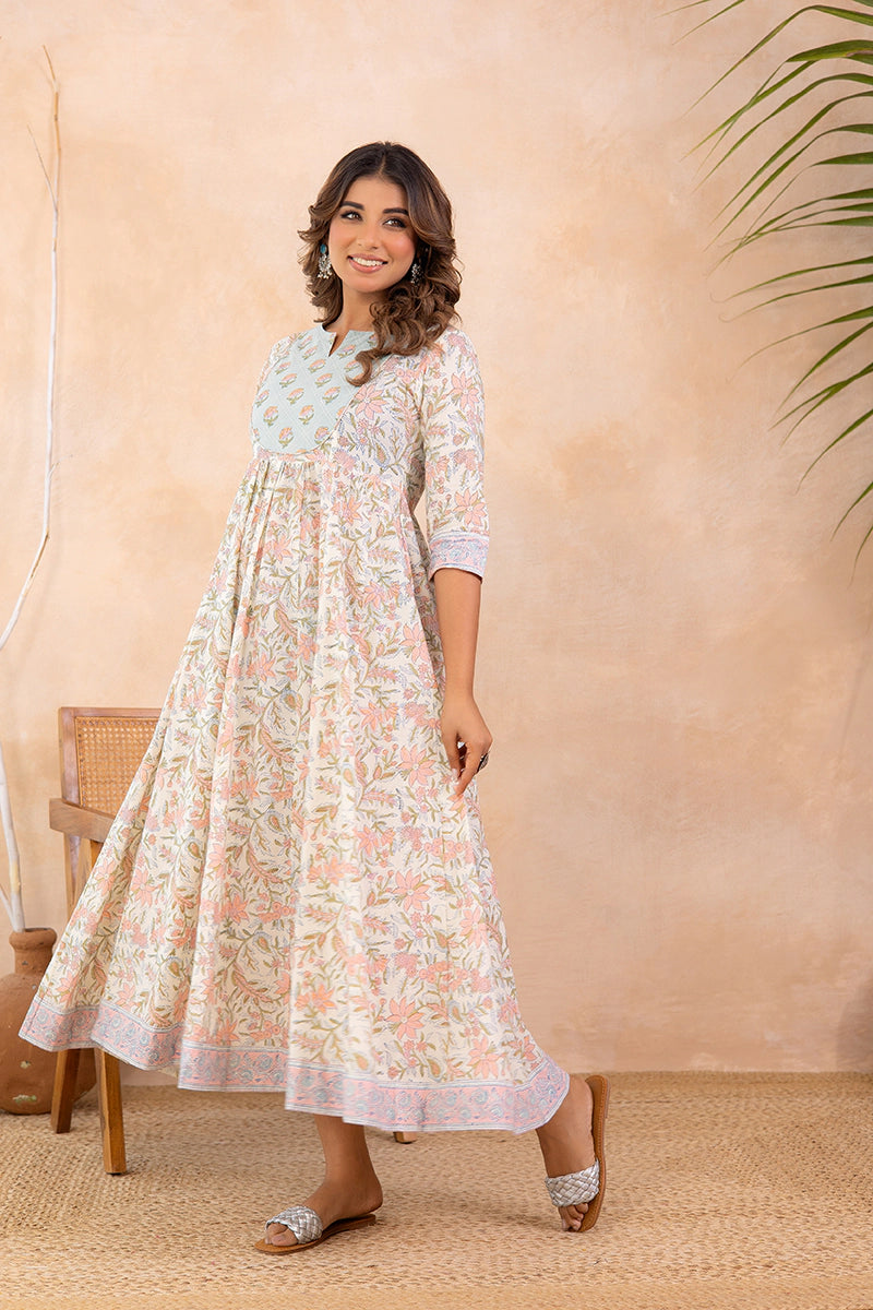 Dusty Sky Blue Hand Block Anarkali Kurta