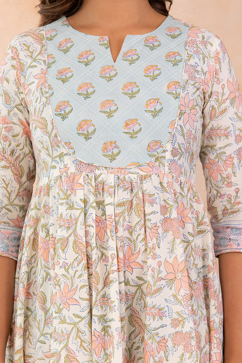 Dusty Sky Blue Hand Block Anarkali Kurta