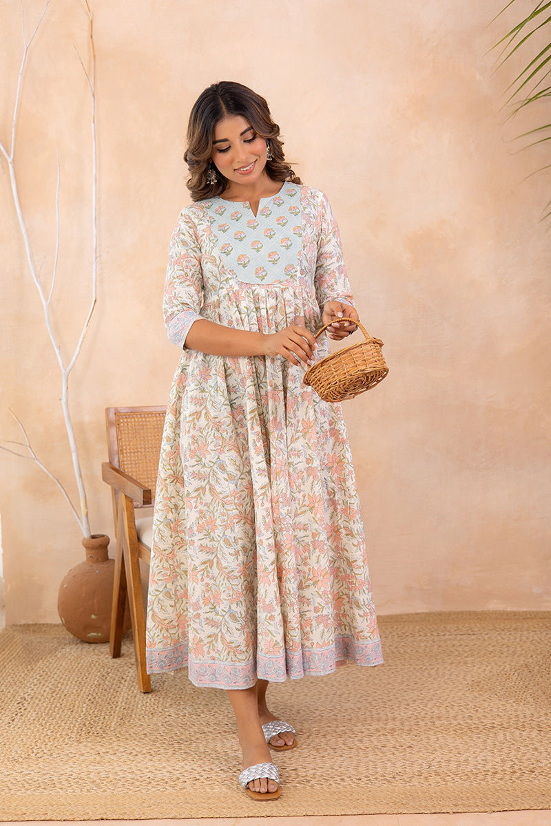 Dusty Sky Blue Hand Block Anarkali Kurta