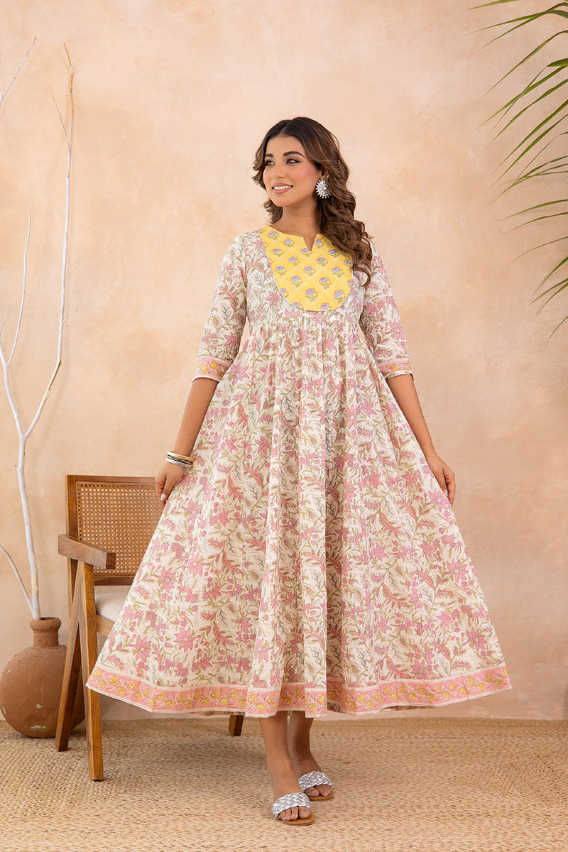 Mustard Yellow Hand Block Anarkali Kurta