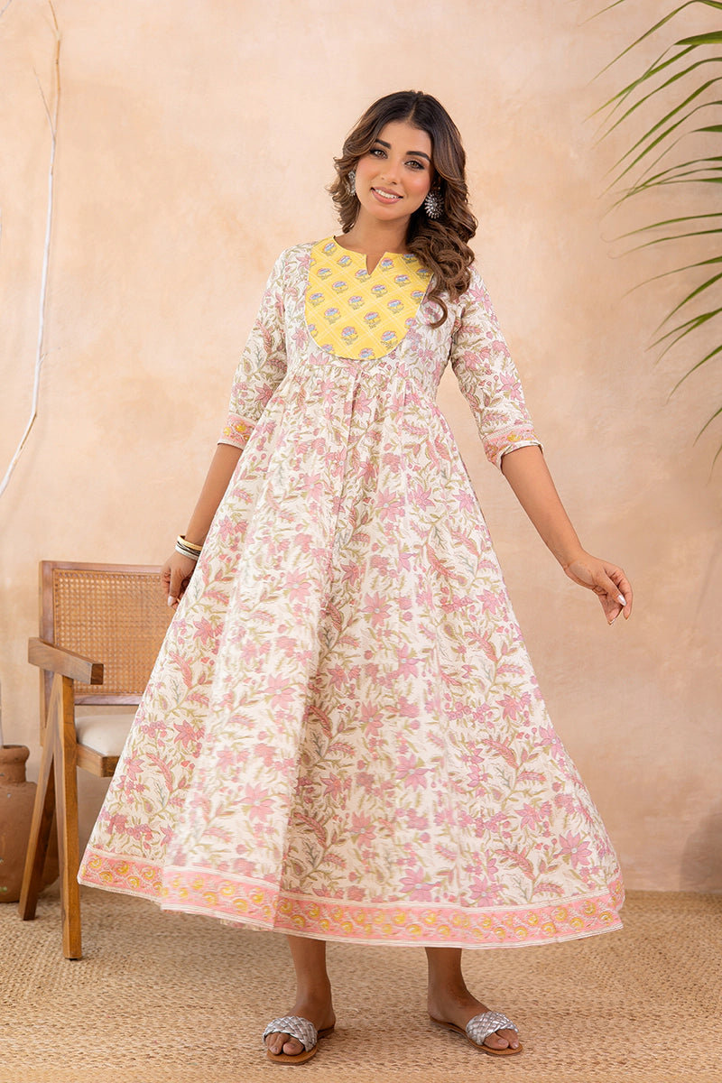 Mustard Yellow Hand Block Anarkali Kurta