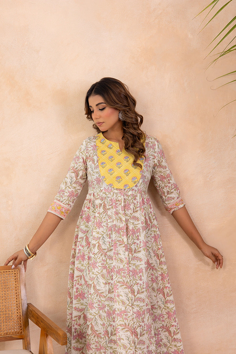 Mustard Yellow Hand Block Anarkali Kurta