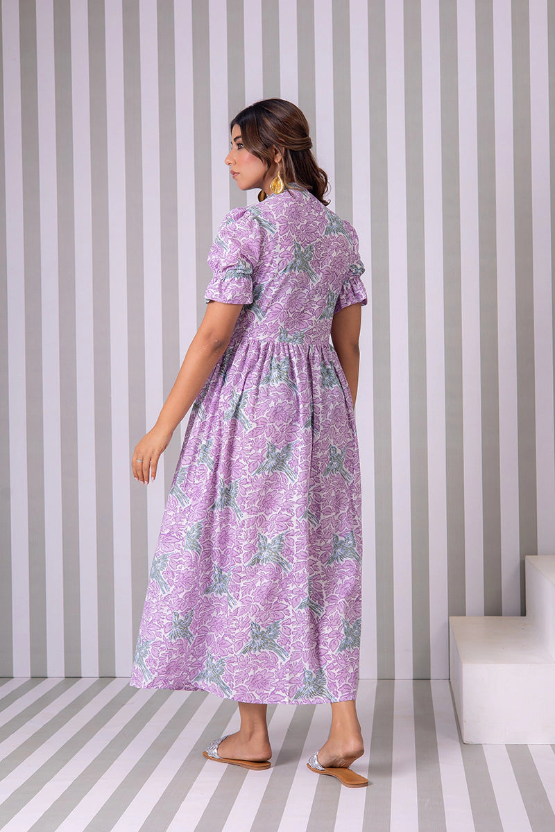 Dreamy Lavender Hand Block Printed V-Neck Front-Open Long Dress