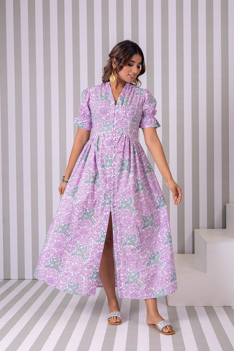 Dreamy Lavender Hand Block Printed V-Neck Front-Open Long Dress