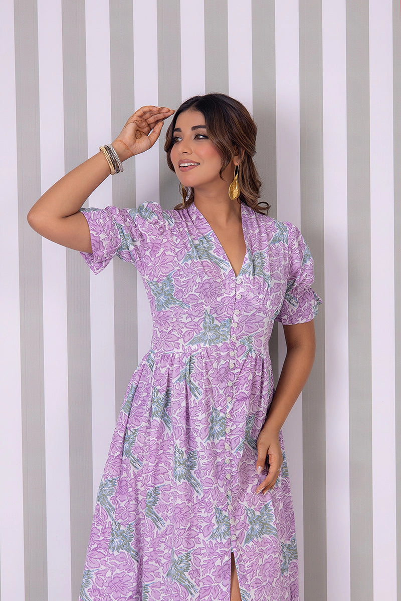 Dreamy Lavender Hand Block Printed V-Neck Front-Open Long Dress