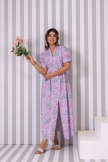Dreamy Lavender Hand Block Printed V-Neck Front-Open Long Dress