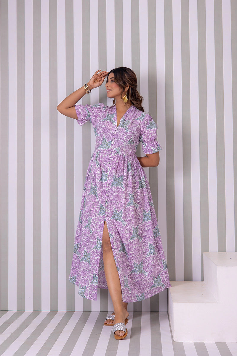 Dreamy Lavender Hand Block Printed V-Neck Front-Open Long Dress