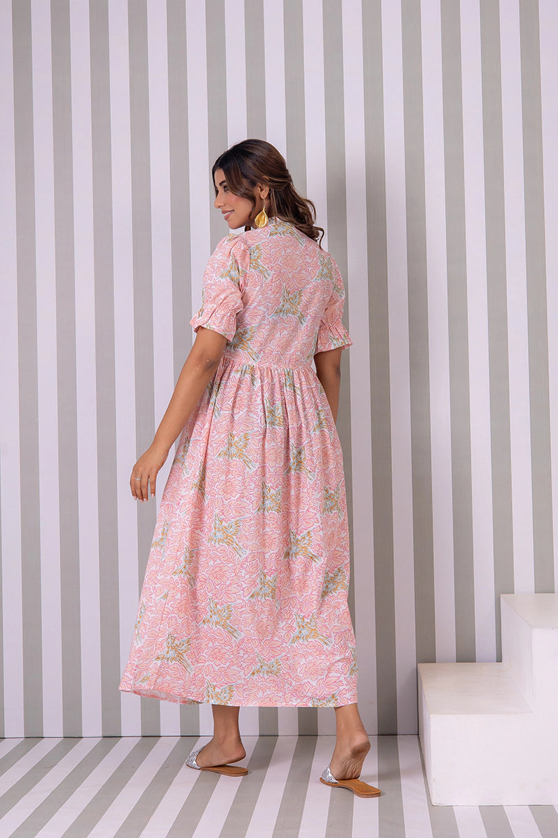 Blush Pink Hand Block Printed V-Neck Front-Open Long Dress