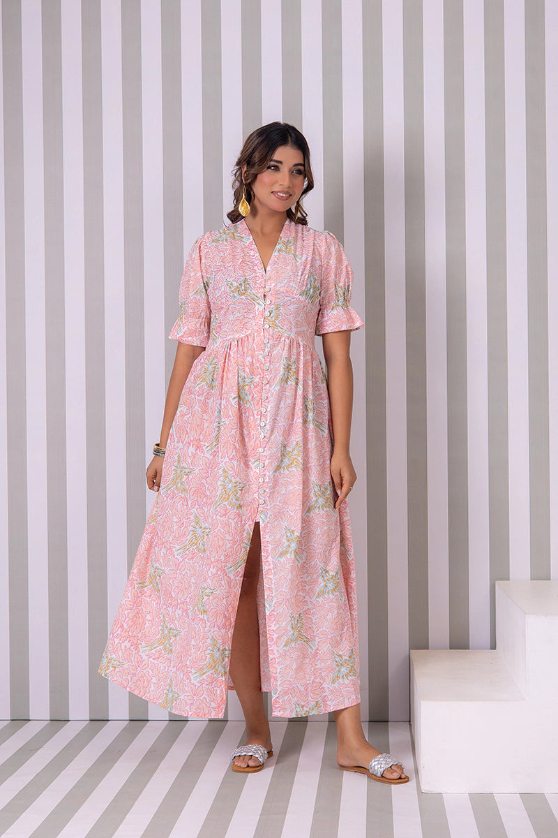 Blush Pink Hand Block Printed V-Neck Front-Open Long Dress