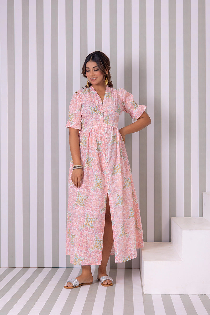 Blush Pink Hand Block Printed V-Neck Front-Open Long Dress