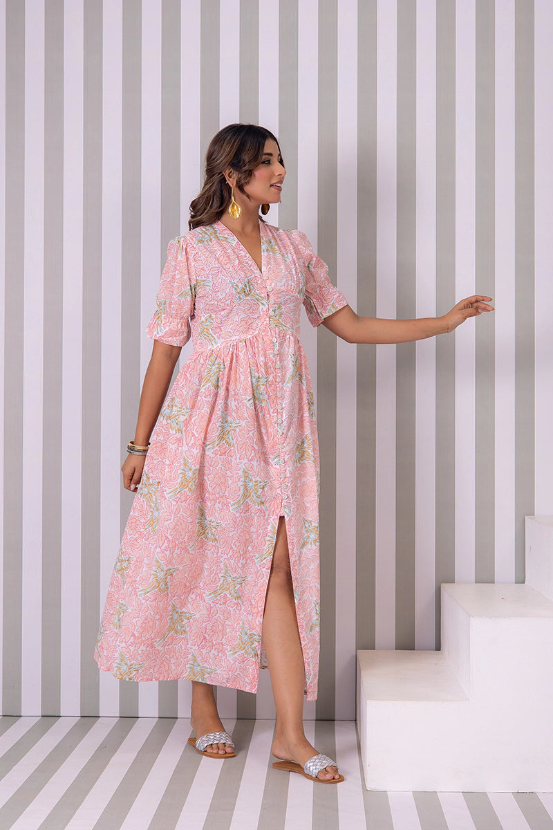 Blush Pink Hand Block Printed V-Neck Front-Open Long Dress