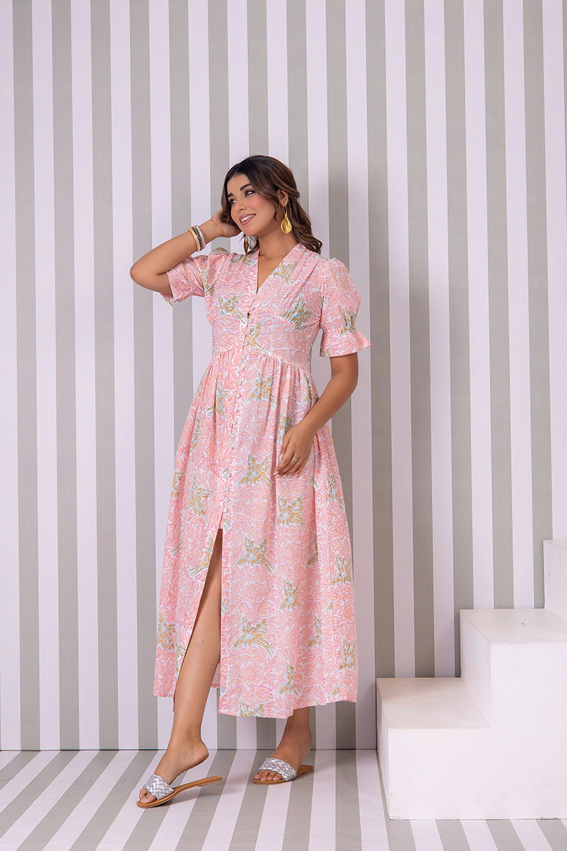 Blush Pink Hand Block Printed V-Neck Front-Open Long Dress