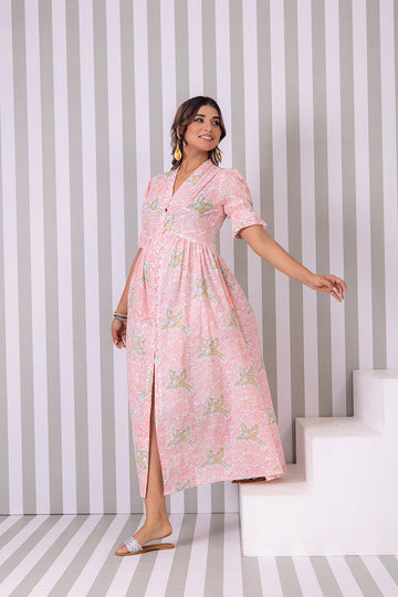 Blush Pink Hand Block Printed V-Neck Front-Open Long Dress